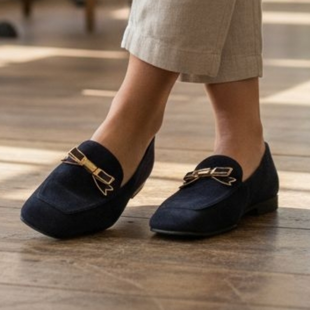 Bally Marelle Navy Blue Suede Loafers Gold Hardware Women's Size 6
